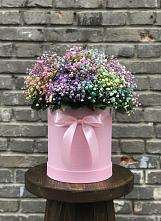 Цветочная композиция из Гипсофила и Розы в шляпной коробке в Краснокаменске Красноярского края