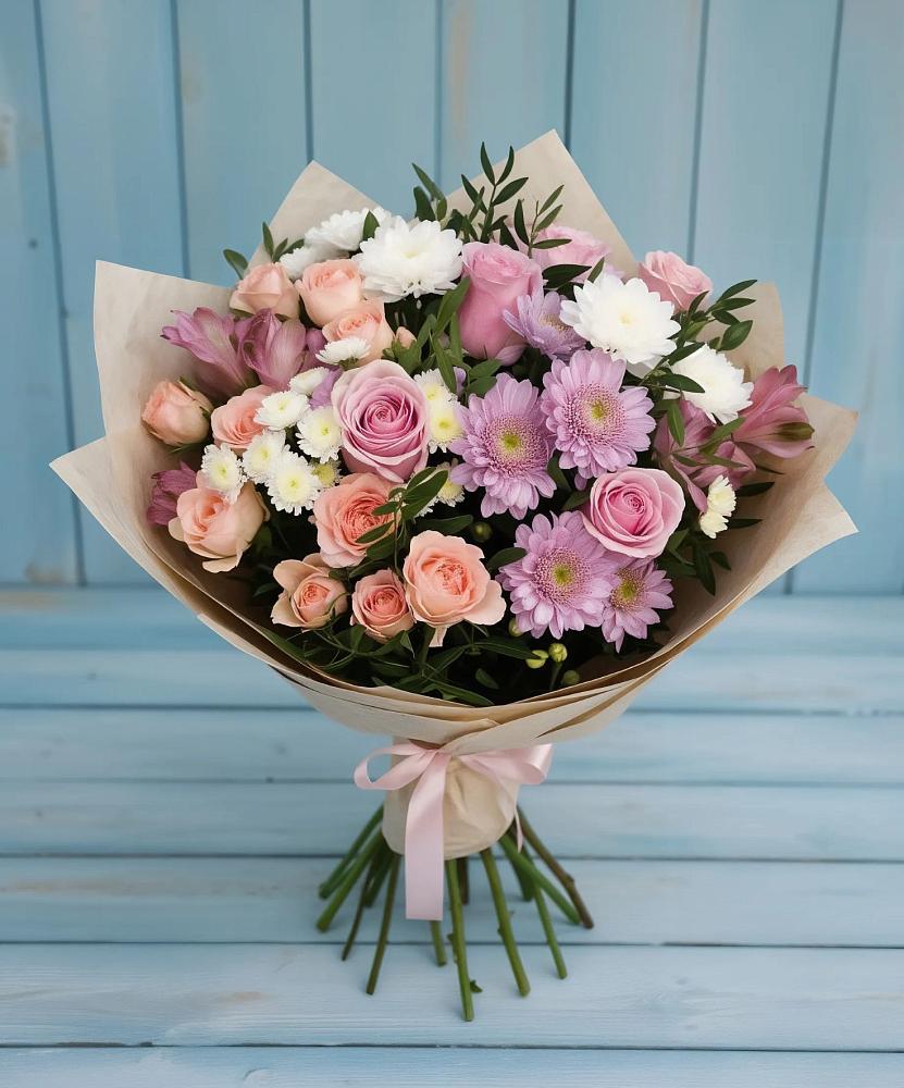 Букет цветов из: Хризантемы, Розы и Альстромерии в Краснокаменске Красноярского края