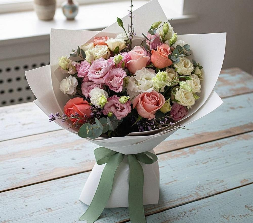 Букет цветов из: Розы, Лизиантусы и Гвоздики в Краснокаменске Красноярского края