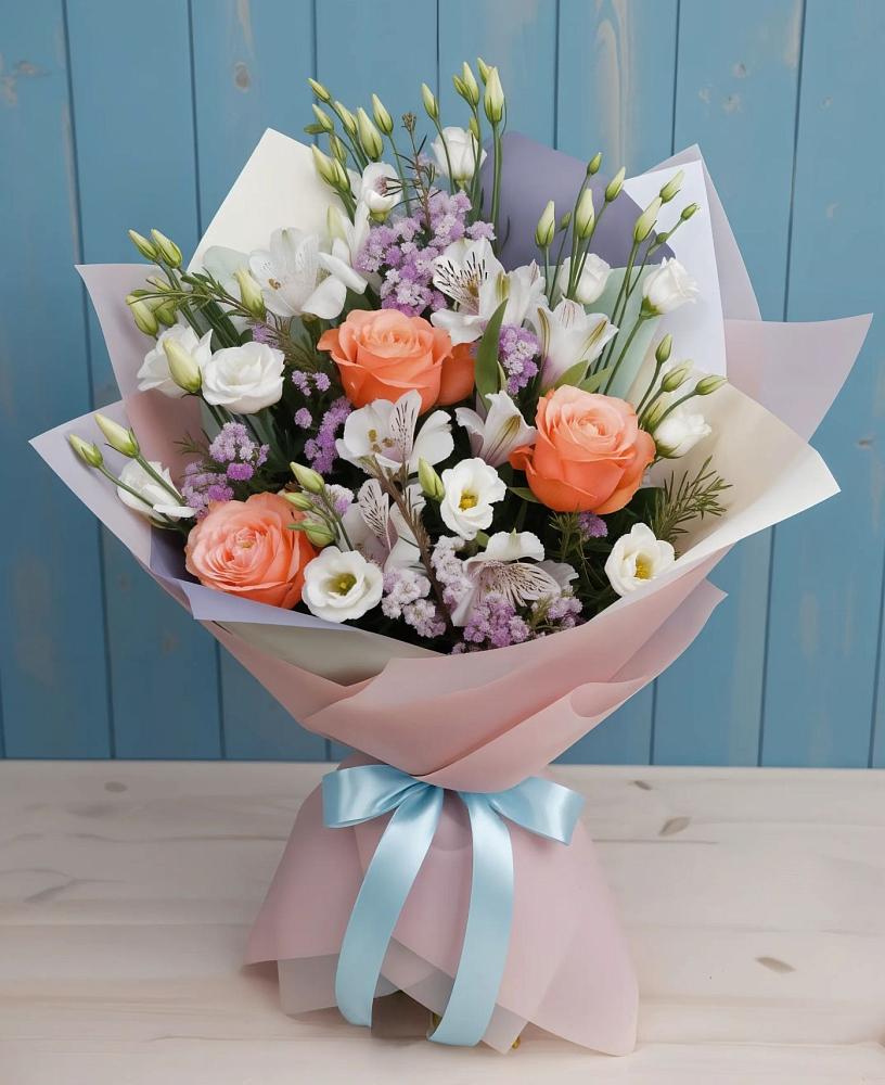 Букет цветов из: Лизиантусы, Розы, Альстромерии и Гипсофила в Краснокаменске Красноярского края