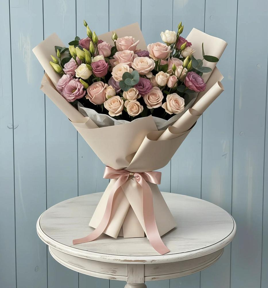 Букет цветов из: Розы и Лизиантусы в Краснокаменске Красноярского края