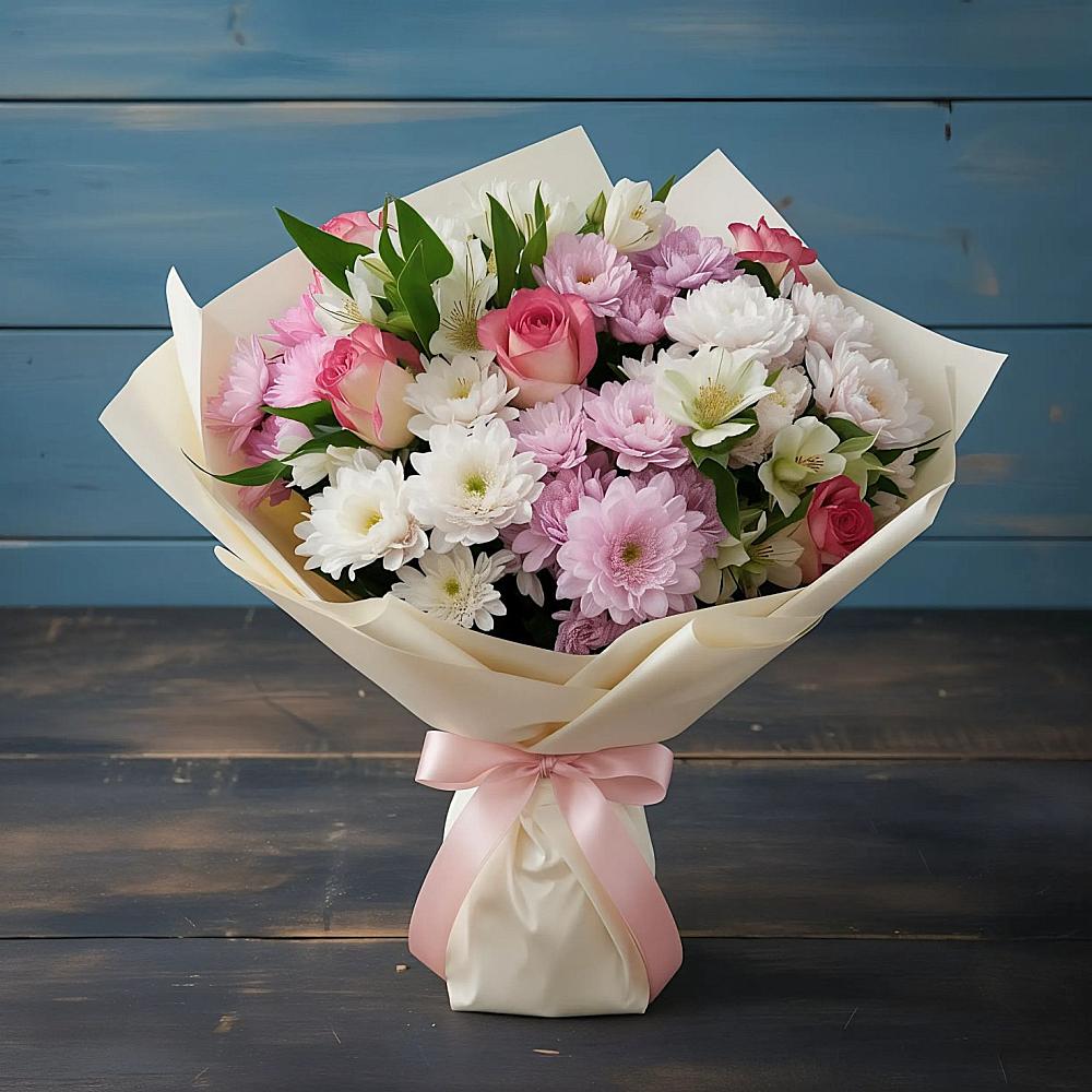 Букет цветов из: Хризантемы, Альстромерии и Розы в Краснокаменске Красноярского края